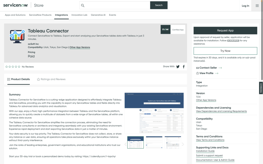 tableau connector for servicenow on servicenow store