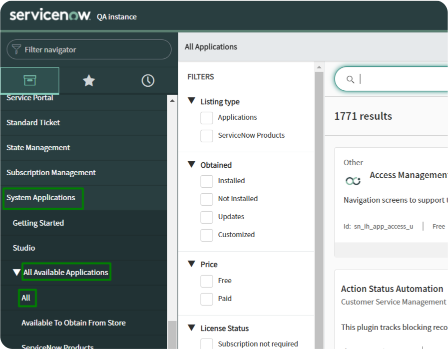 System Applications Area on ServiceNow