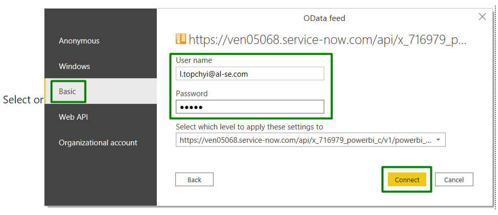 Power BI authentication with ServiceNow credentials
