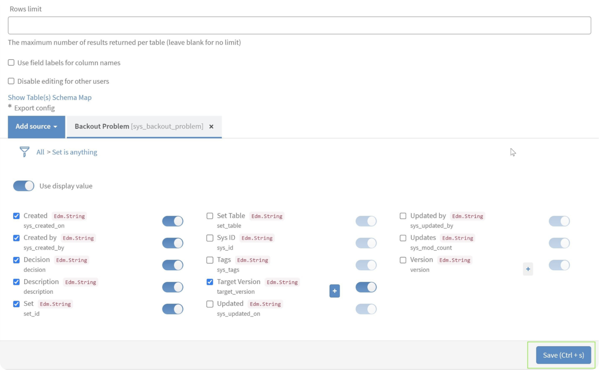 configure and save servicenow data source