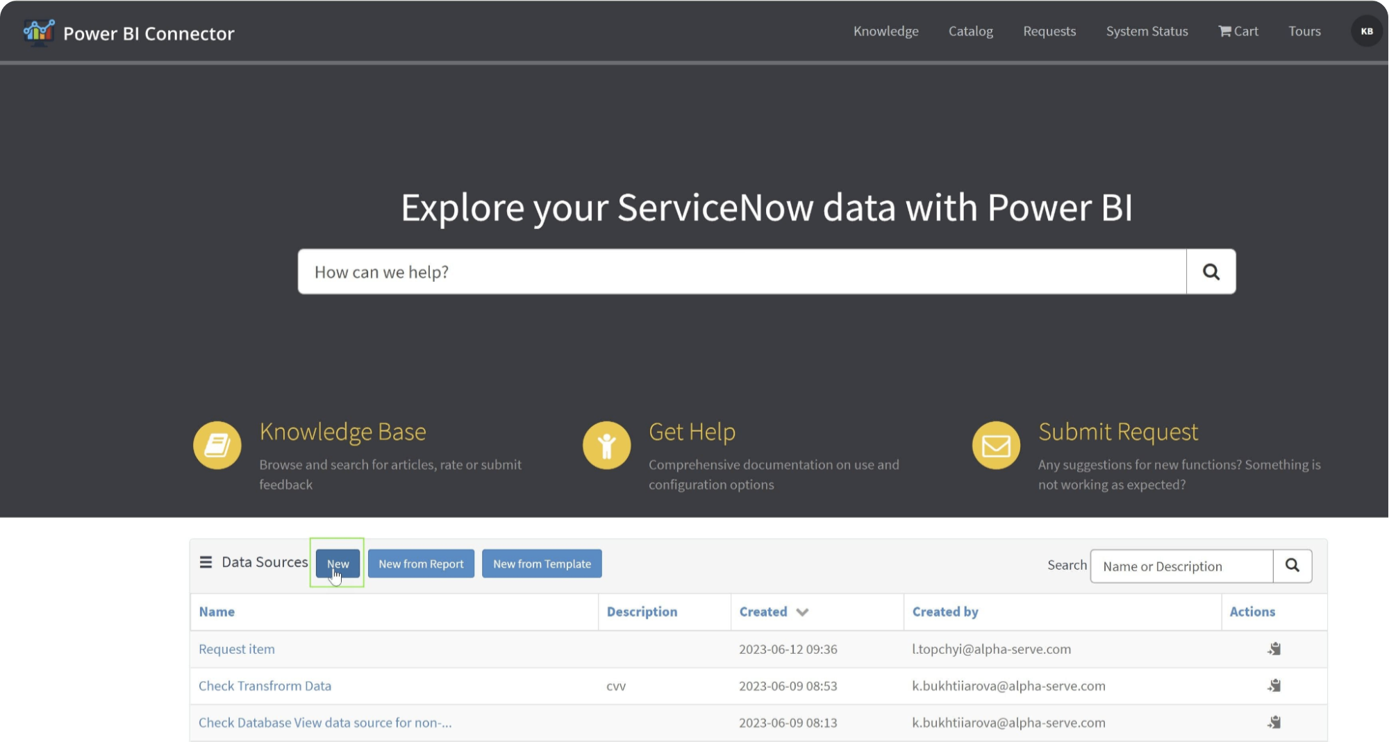 Add New Data Source on the Power BI Connector for ServiceNow