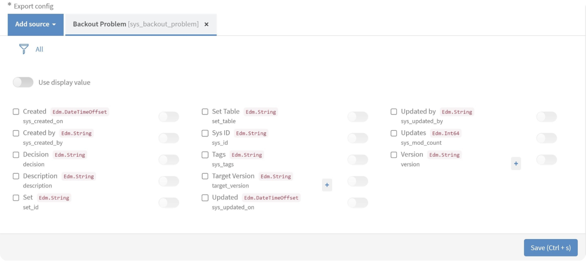 select ServiceNow fields for export to Power BI