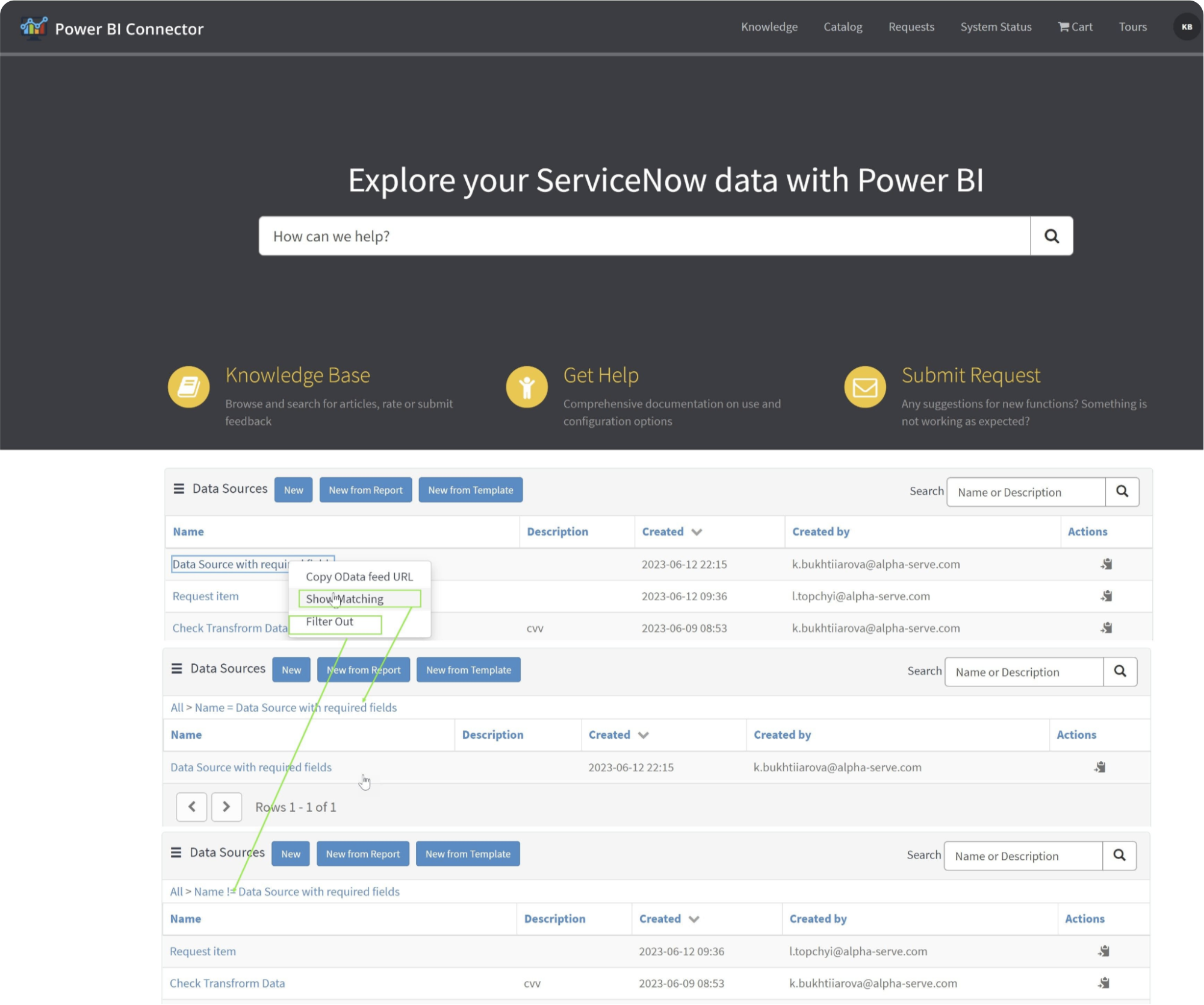 find a data source on the Power BI Connector for ServiceNow