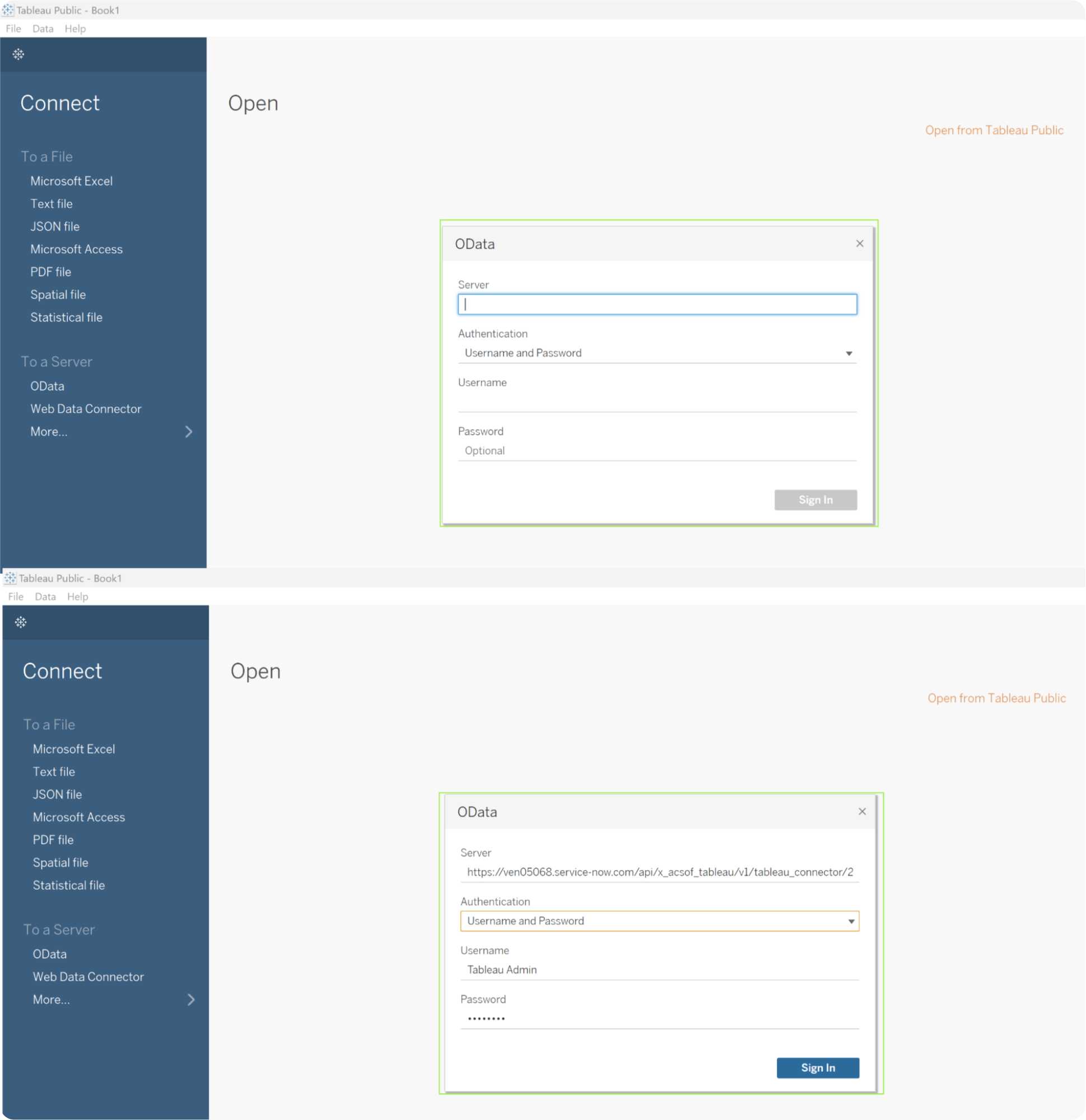 servicenow tableau odata feed authentication