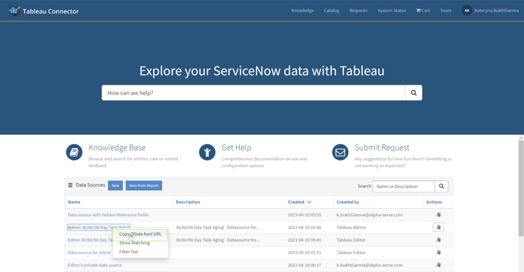 OData feed URL for servicenow data export to tableau